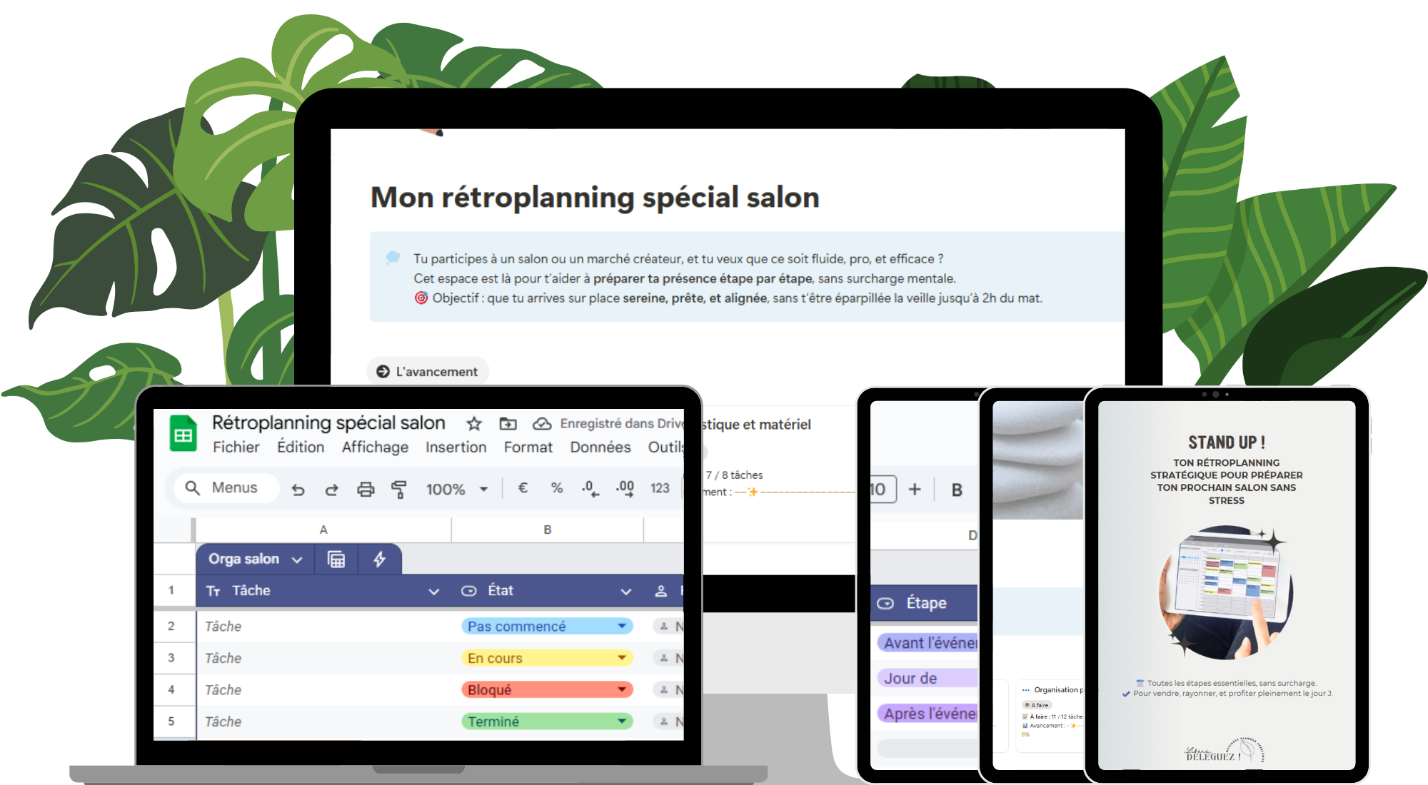 Mockup du rétroplanning salon professionnel STAND UP ! (Notion, Google Sheet, PDF)