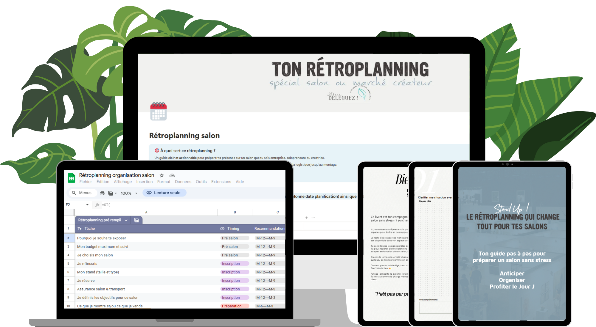 Mockup du rétroplanning salon professionnel STAND UP ! (Notion, Google Sheet, PDF)