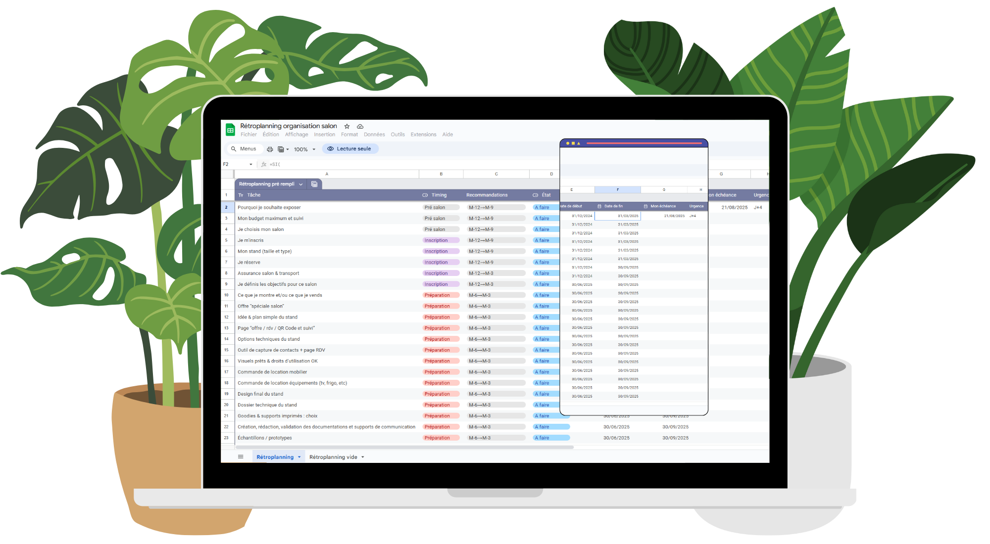 Aperçu du rétroplanning Google Sheets de la formation Stand Up – planning simple et efficace pour préparer un salon ou marché créateurs