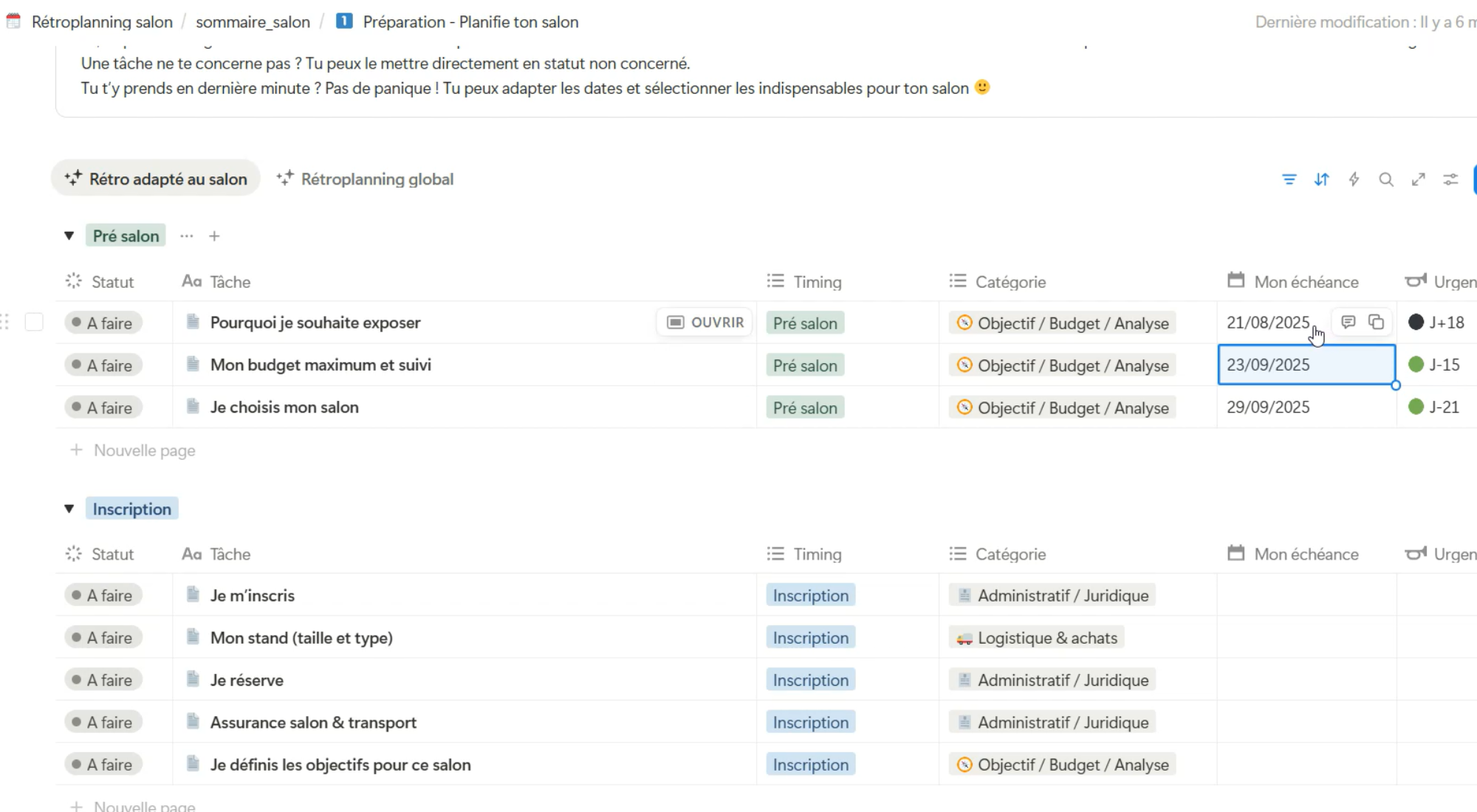Aperçu de l’espace Notion rétroplanning de la formation Stand Up – planning étape par étape pour préparer un salon ou marché créateurs