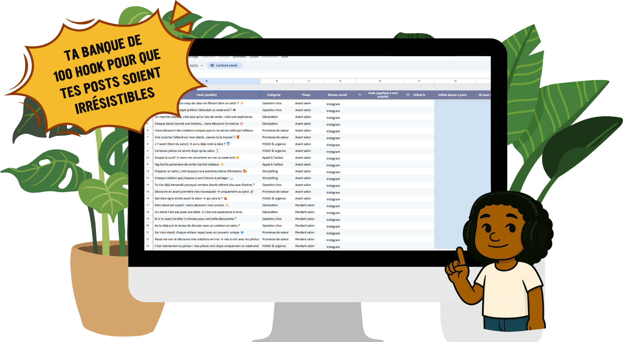 Banque de 100 hooks pour posts efficaces – communication salon et marché créateur avec IA – Pitch and Post.