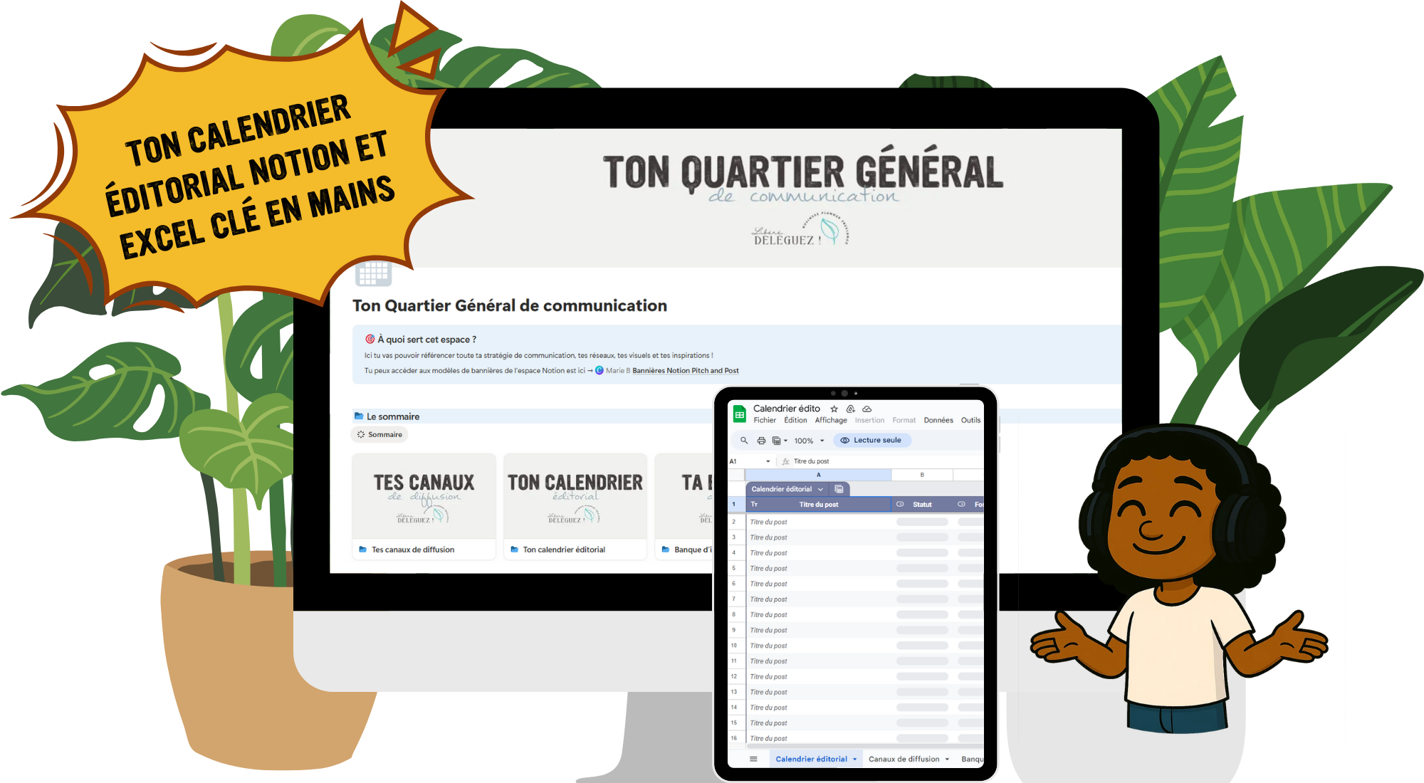 Calendrier éditorial Notion et Excel pour la communication salon et marché créateur avec IA – Pitch and Post.